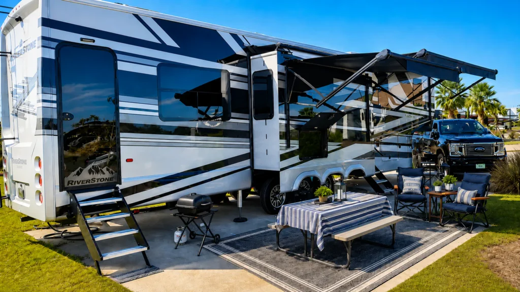 Fifth-wheel RV set up on a site at Tropic Hideaway