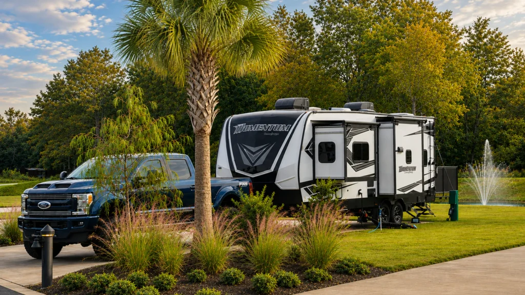 Landscaped RV site with palms at Tropic Hideaway